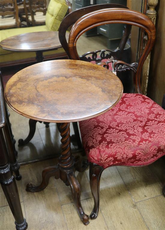 A Victorian burr walnut circular topped wine table and a Victorian mahogany dining chair W.48cm